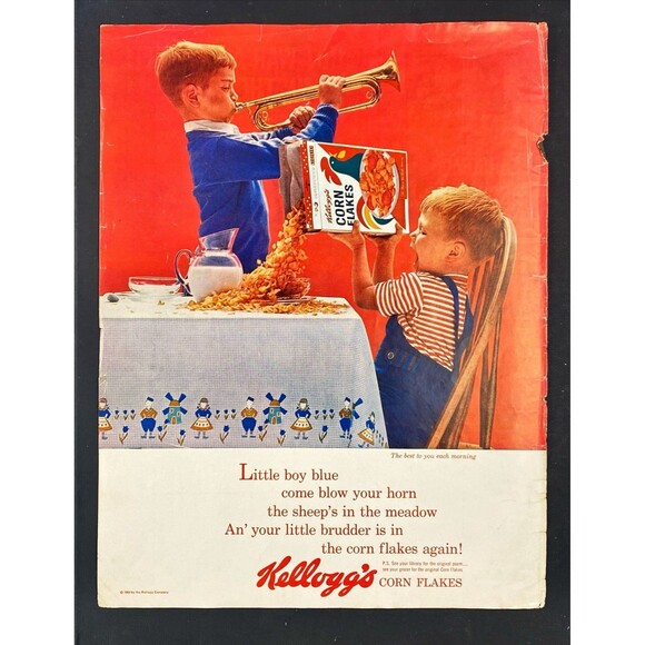 Kellogg's Corn Flakes "Little Boy Blue Blowing Horn w/ Brother"Vtg Print Ad 1963 - Picture 3 of 3